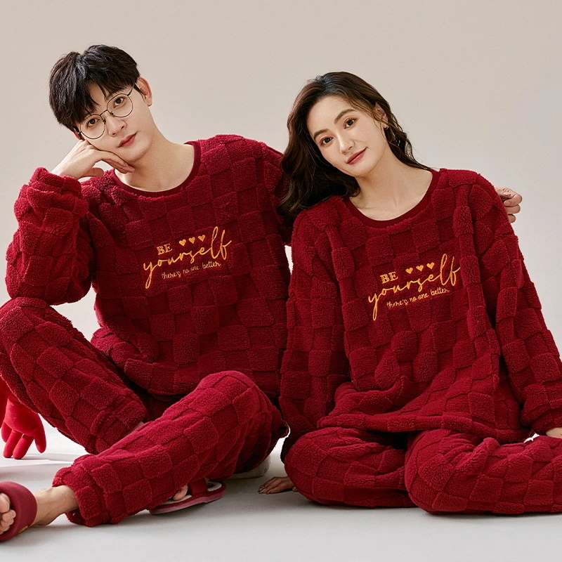 秋冬季法兰绒开衫情侣睡衣加绒加厚男士女士大红珊瑚绒家居服套装