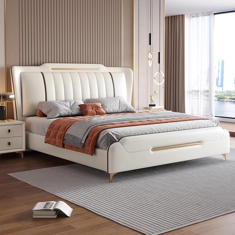 欧式面包真皮床现代简约实木软包储物婚床床1.8米x2米主卧大床