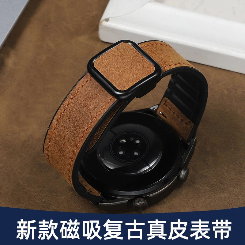 磁吸疯马皮手表带真皮男适配西铁城华为GT4天梭速驰化石精工万国