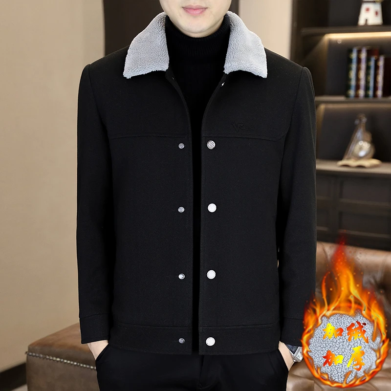 秋季新款毛呢外套男士潮流百搭拼接加绒加厚翻领上衣休闲保暖夹克