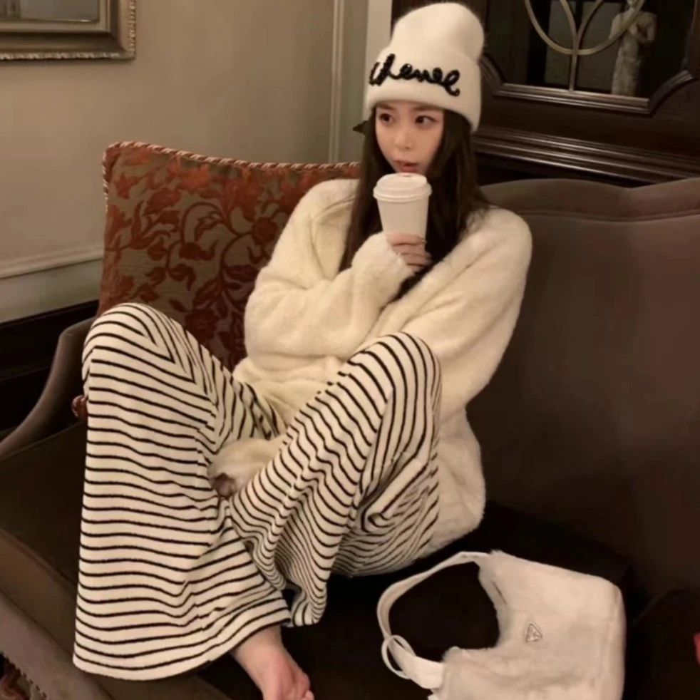 【条纹毛巾裤】阔腿裤女秋冬高腰垂感遛弯裤软糯慵懒风针织拖地裤