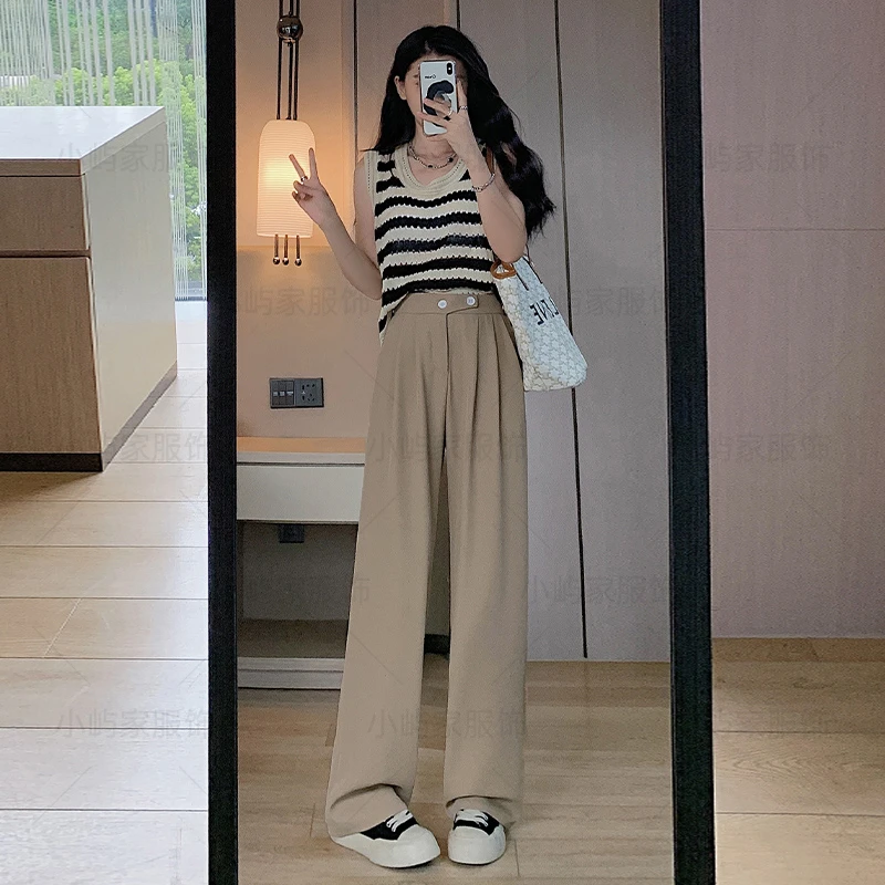 小屿家双扣西装裤垂坠感阔腿裤女2024年春夏新款高腰直筒休闲裤