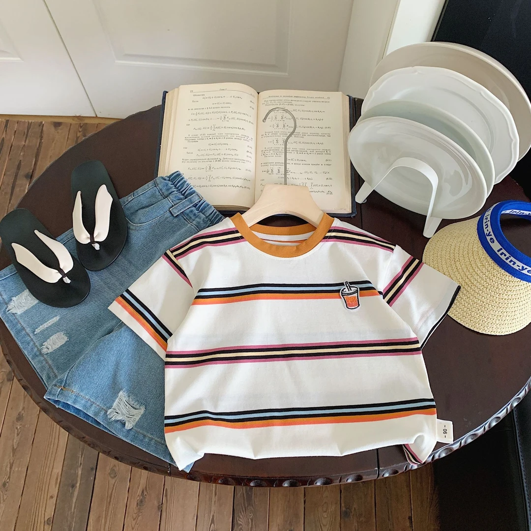 儿童T恤2024夏季新品男童果汁短袖女童童装彩条纹上衣潮