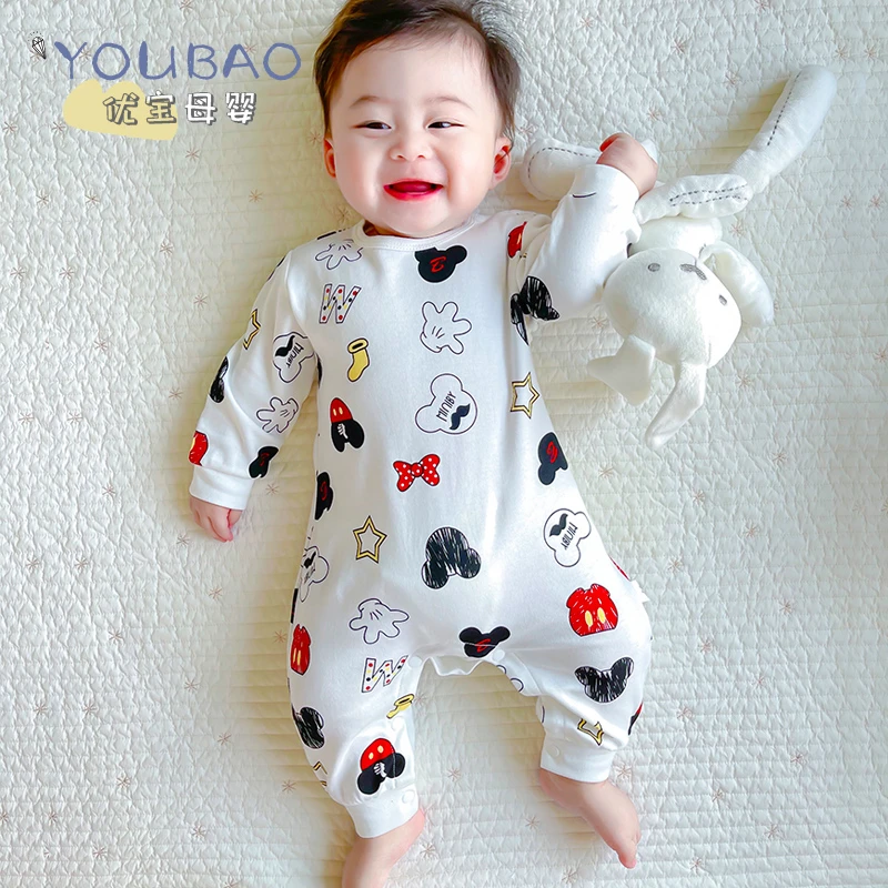 新生婴儿连体衣春秋装男女宝宝纯棉无骨长袖卡通米奇哈衣外出爬服