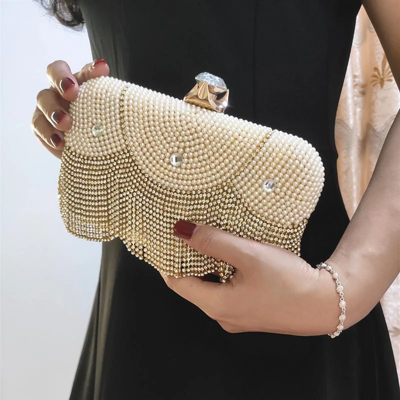 晚宴包2023新款欧美名媛珍珠包水钻手提包金色礼服手包链条流苏包