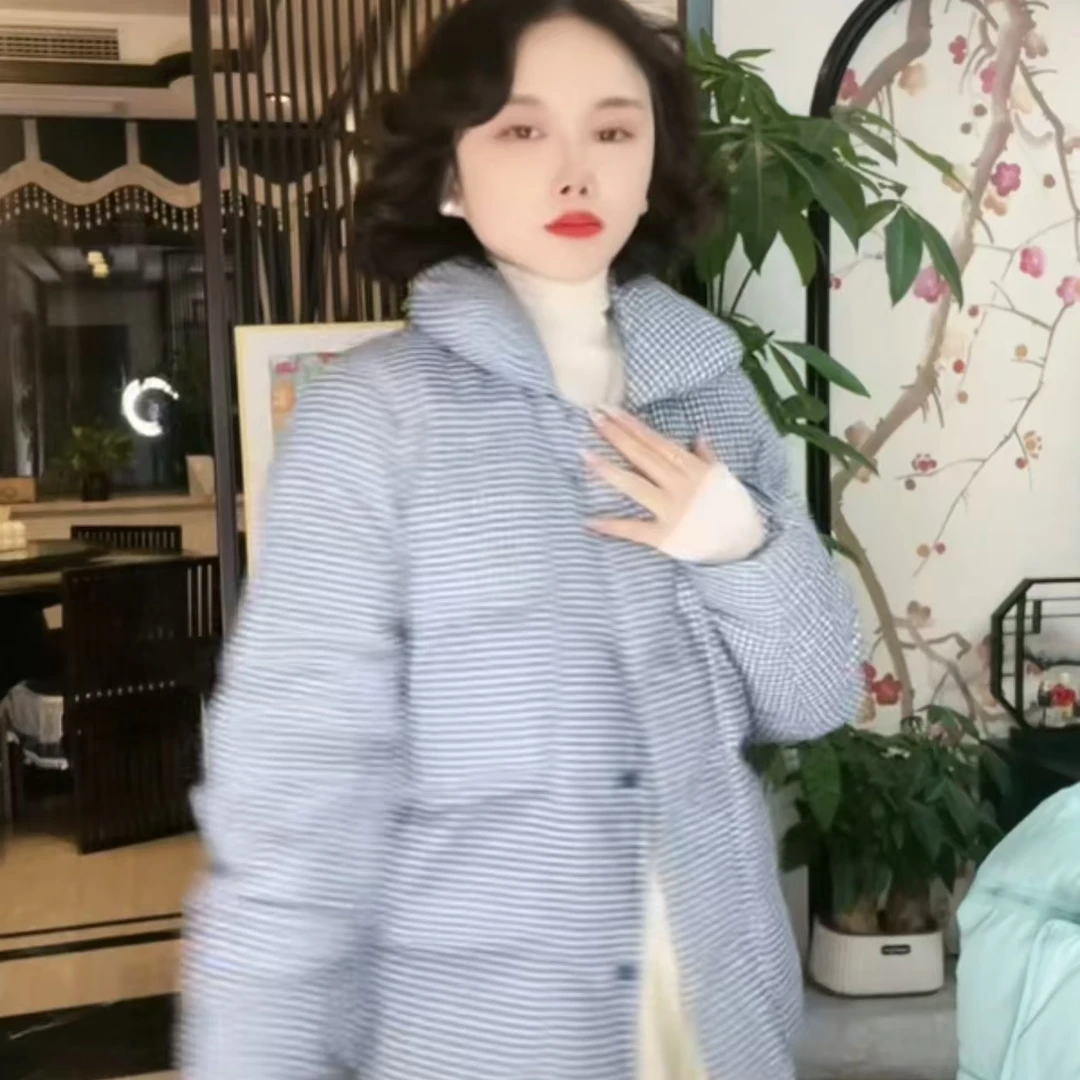 月月 千鸟格翻领短款棉衣格子外套女2024冬季新款