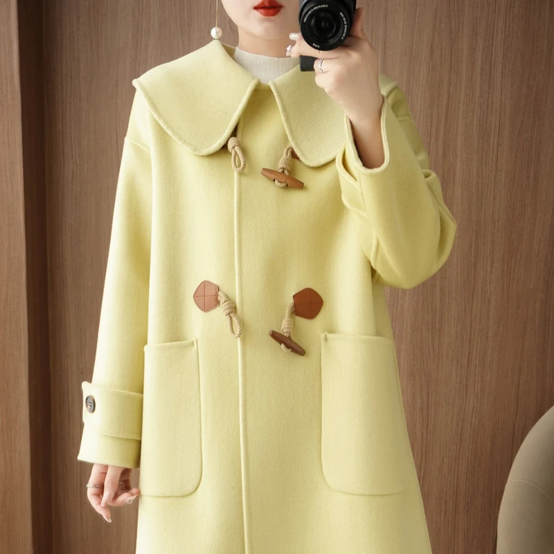 双面羊毛大衣女牛角扣娃娃领长款2024年新款小个子女式毛呢外套24