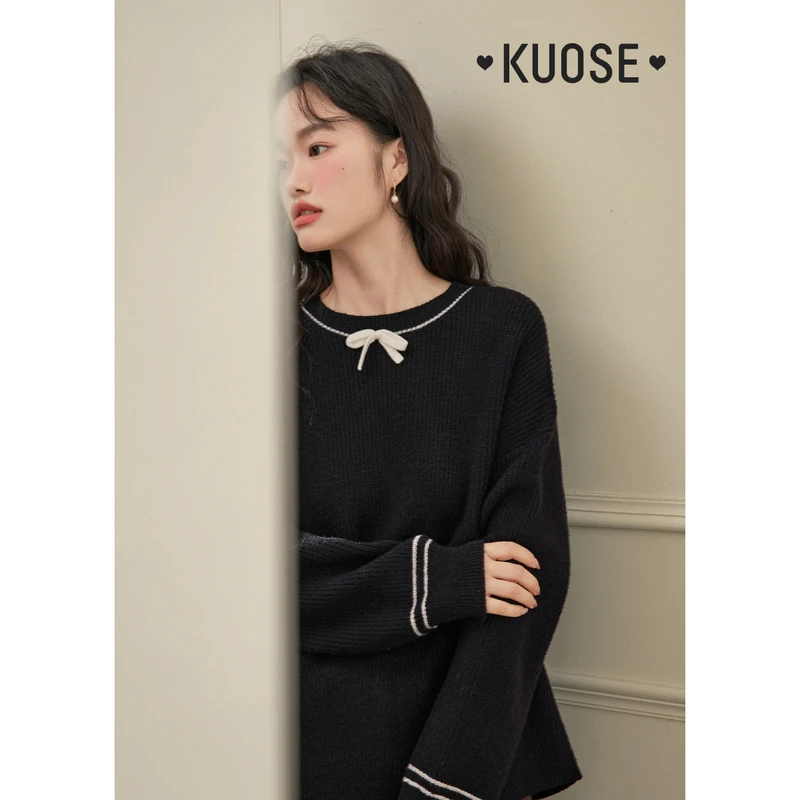 阔色黑色蝴蝶结毛衣女2024秋冬季圆领打底衫内搭针织衫KSH2309037
