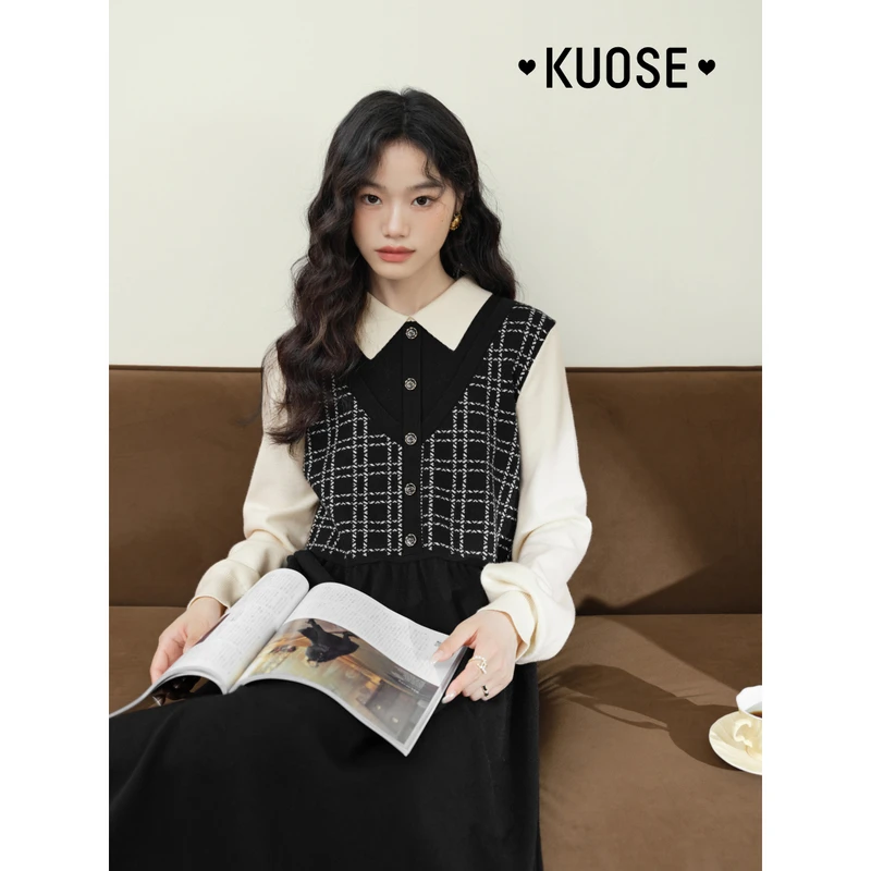 阔色小香风黑色针织连衣裙女2024秋毛衣a字收腰长裙KSB2408001