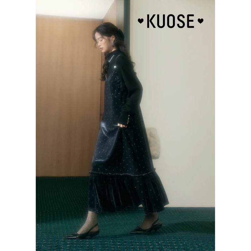 【午夜华尔兹】阔色法式丝绒裙女冬新款赫本风连衣裙长裙KSB2311003