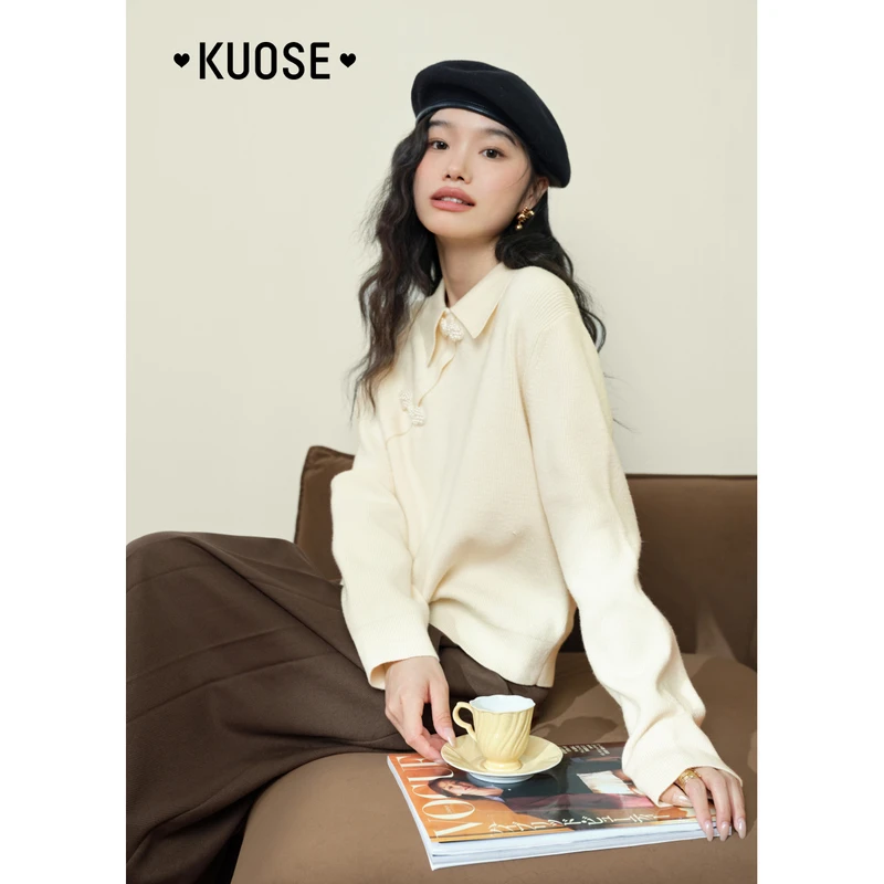 阔色国风盘扣毛衣polo领针织衫2024新款女秋打底衫上衣KSH2408023