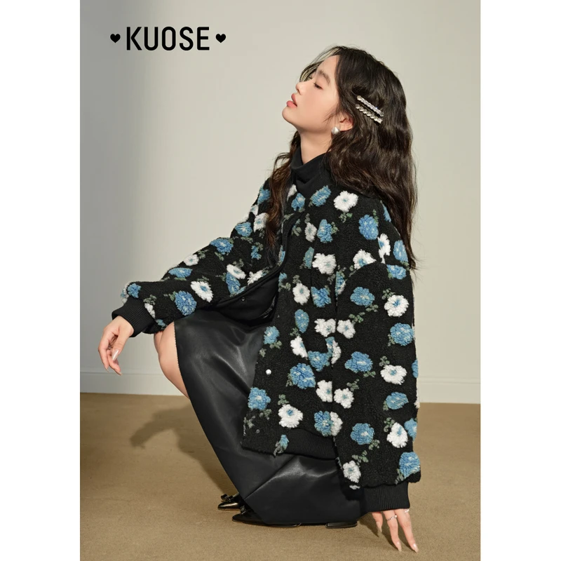 阔色摇粒绒碎花仿皮草外套女2024冬新款棒球服夹棉上衣KSS2410004