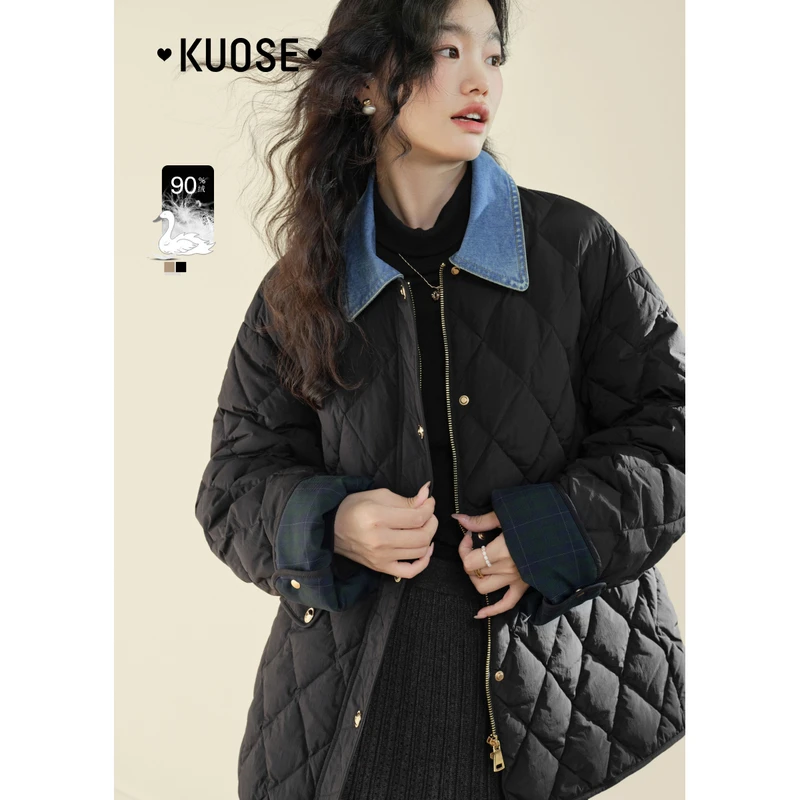 阔色撞色羽绒服2024新款洋气女秋冬短款翻领外套上衣KSY2409011