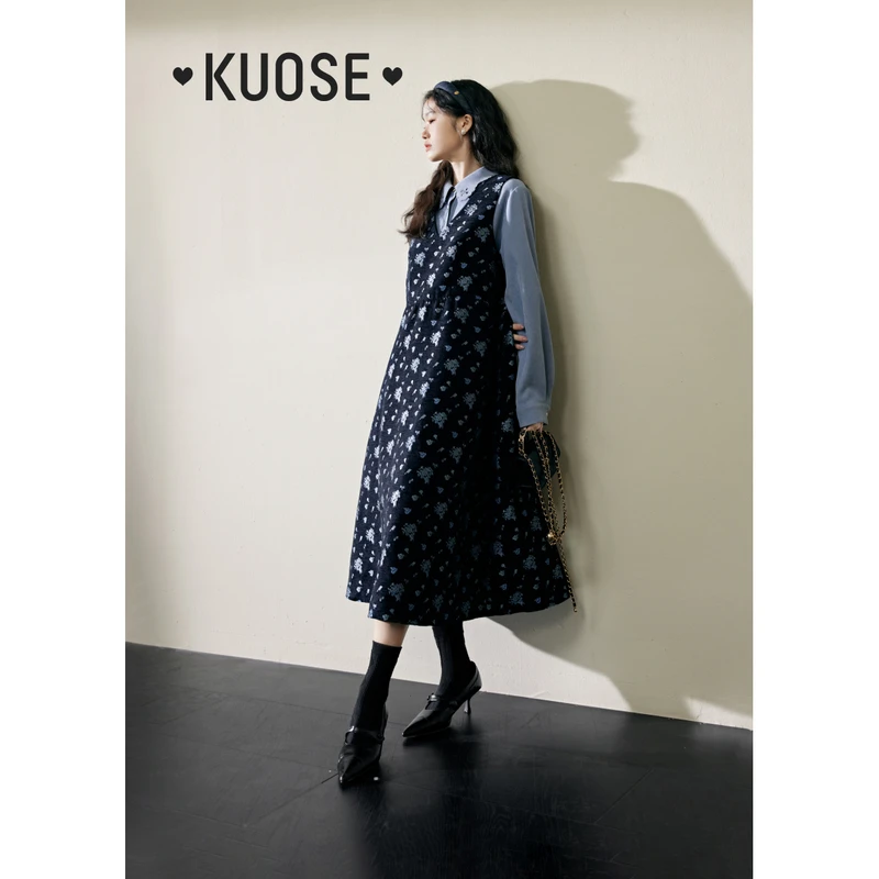 【繁花物语】阔色碎花背心裙2024冬女连衣裙马甲裙长裙KSB2310025