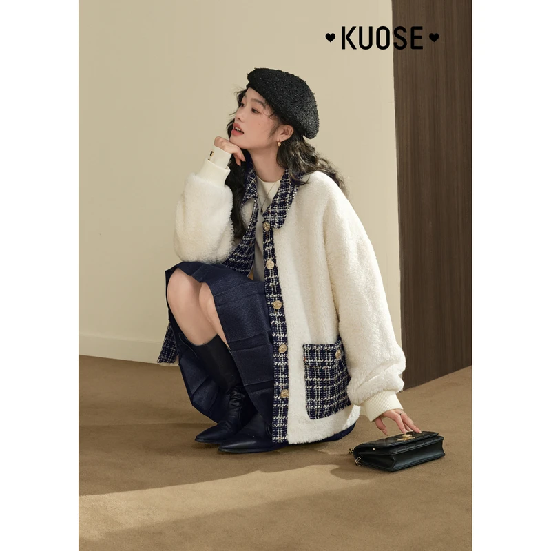 阔色小香风杏色外套女2024秋冬新款中长款格子上衣KSS2409007