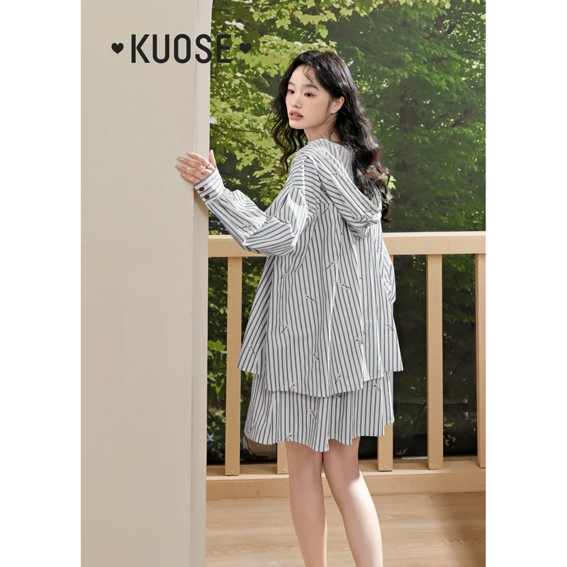 阔色连帽条纹衬衫2025春夏新款女宽松衬衣KSL2503004