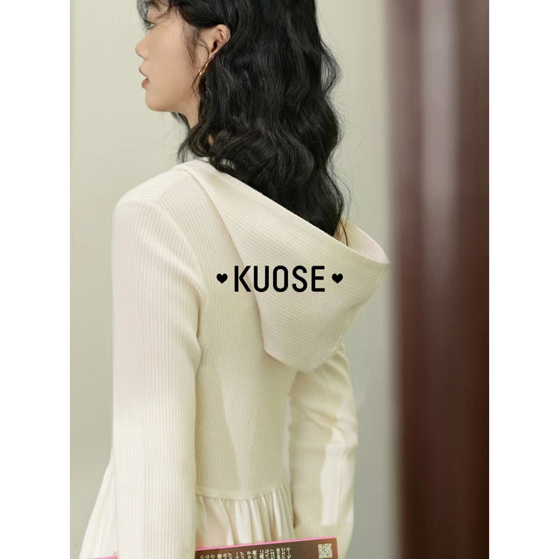 阔色连帽毛衣针织连衣裙女2024秋新款a字收腰显瘦长裙KSB2408014