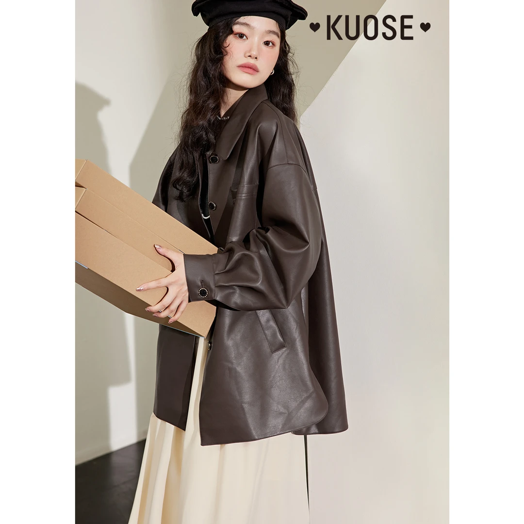 【朋克乐队】阔色复古皮衣外套女2024秋季翻领休闲大衣KSQ2308001
