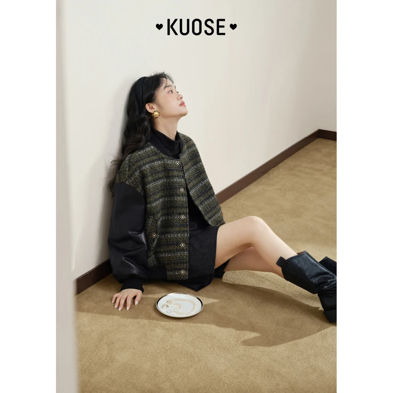 阔色小香风拼接皮革外套女2024秋新款复古显瘦夹克上衣KSS2409004