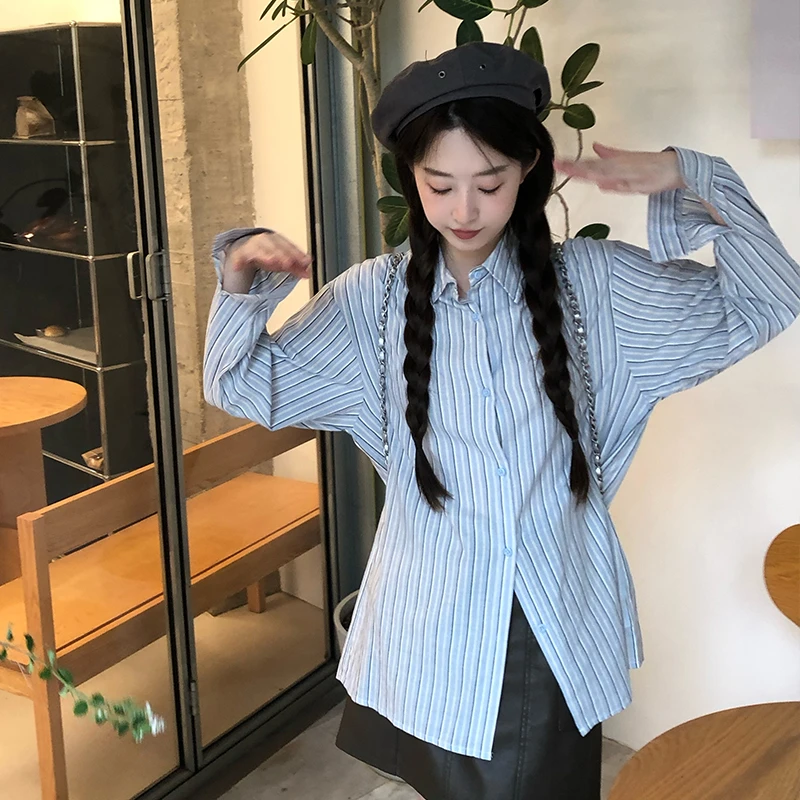 UBEX7【三金七七】刺绣logo翻领蓝色条纹衬衫长款打底上衣