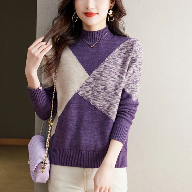 冬季半高领毛衣女拼色时尚宽松高级感提花针织打底衫显瘦遮肚上衣