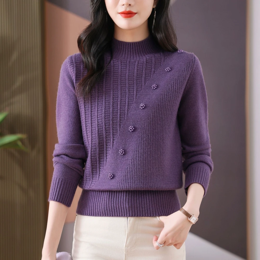 秋冬半高领毛衣女中年妈妈冬季新款宽松加厚红色钉珠打底衫上衣