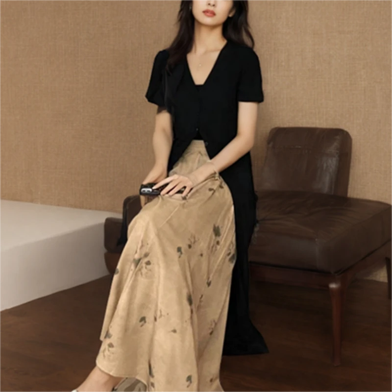 【La Bei】韩版黑色上衣高级显瘦长款开衫水墨裙裤休闲套装两件套女