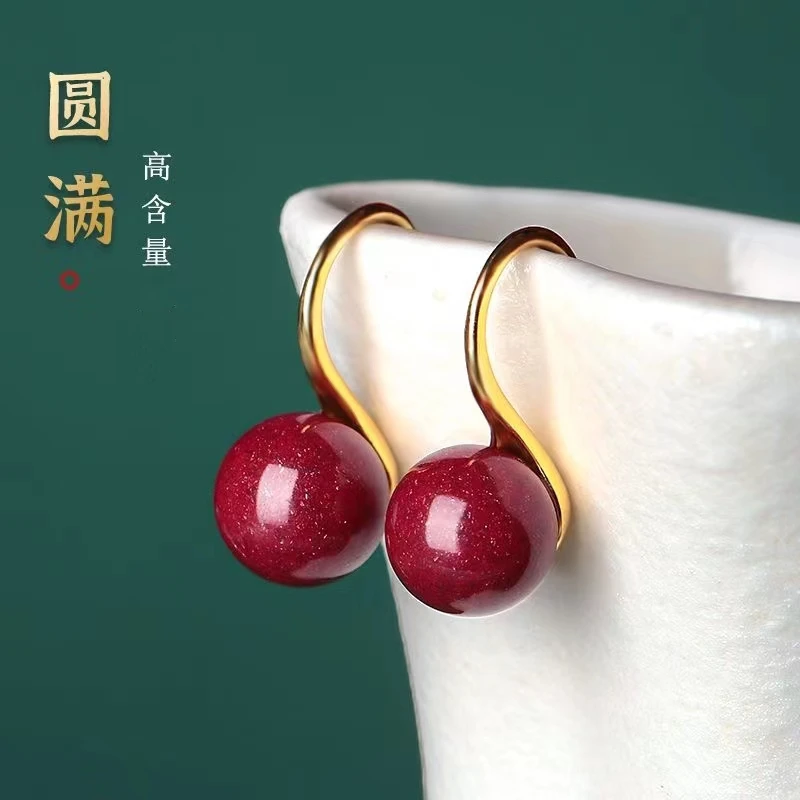 朱砂耳环女款金色防过敏耳扣久不掉色本命年帝王砂红色转运珠耳饰