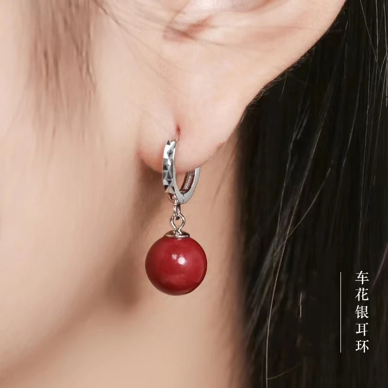 天然朱红砂圆珠耳环女925银小耳圈耳扣本命年红色珠耳坠开运耳饰