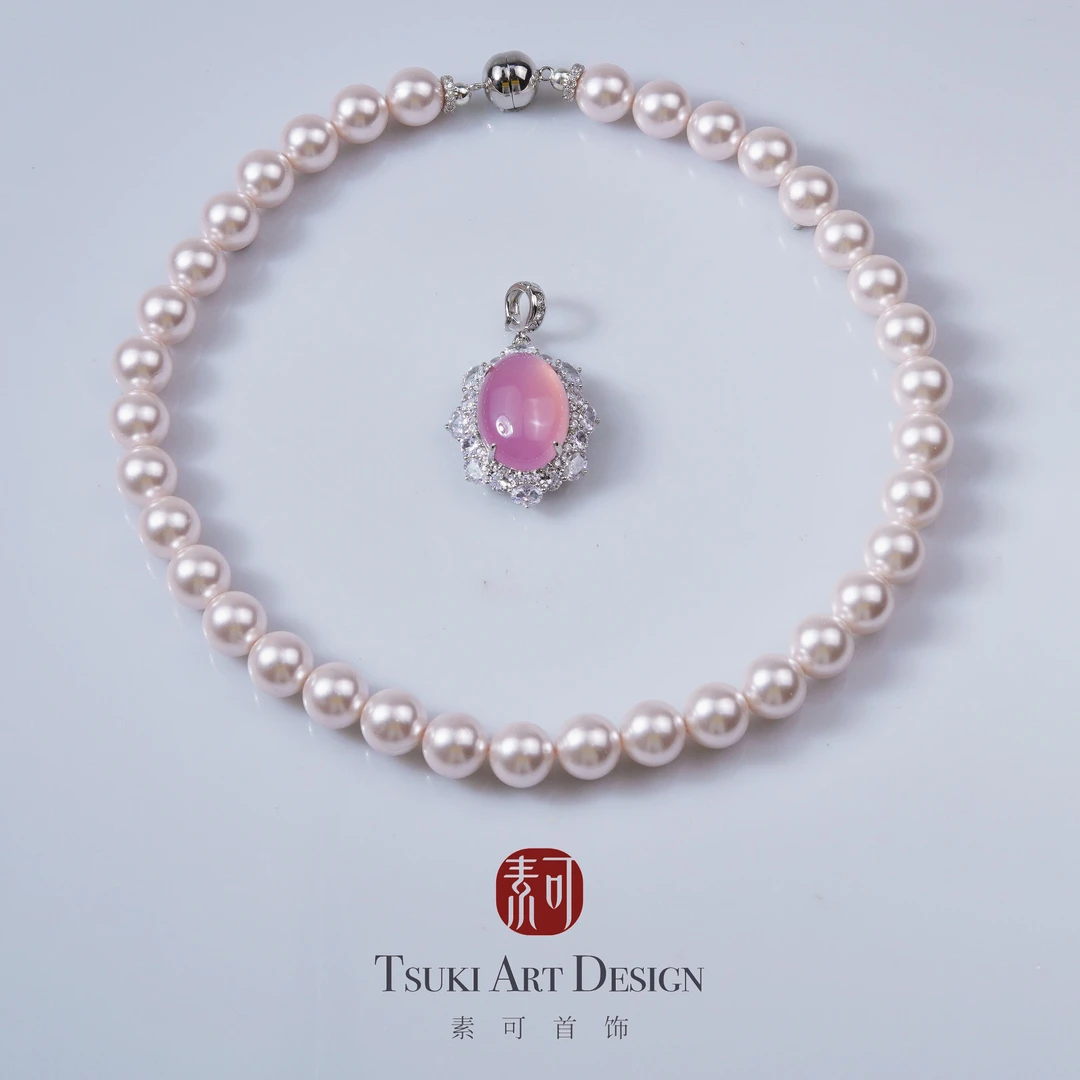 链子925银 法式优雅【芙蓉粉】高奢经典粉色吊坠12mm珠珠项链X508
