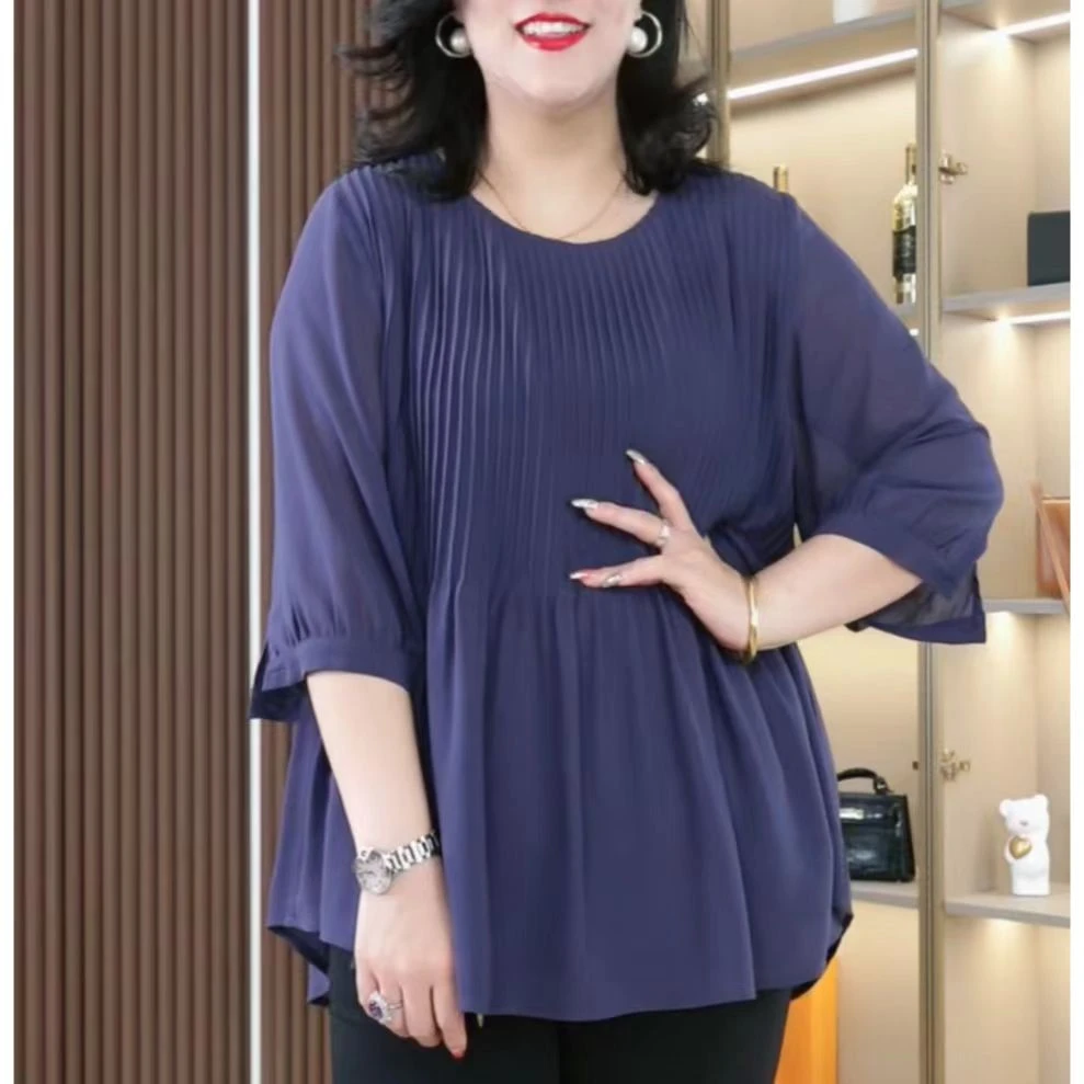 丹思慕夏季大码女装简约百搭时尚衬衫手工风琴褶遮肉显瘦ZB5845