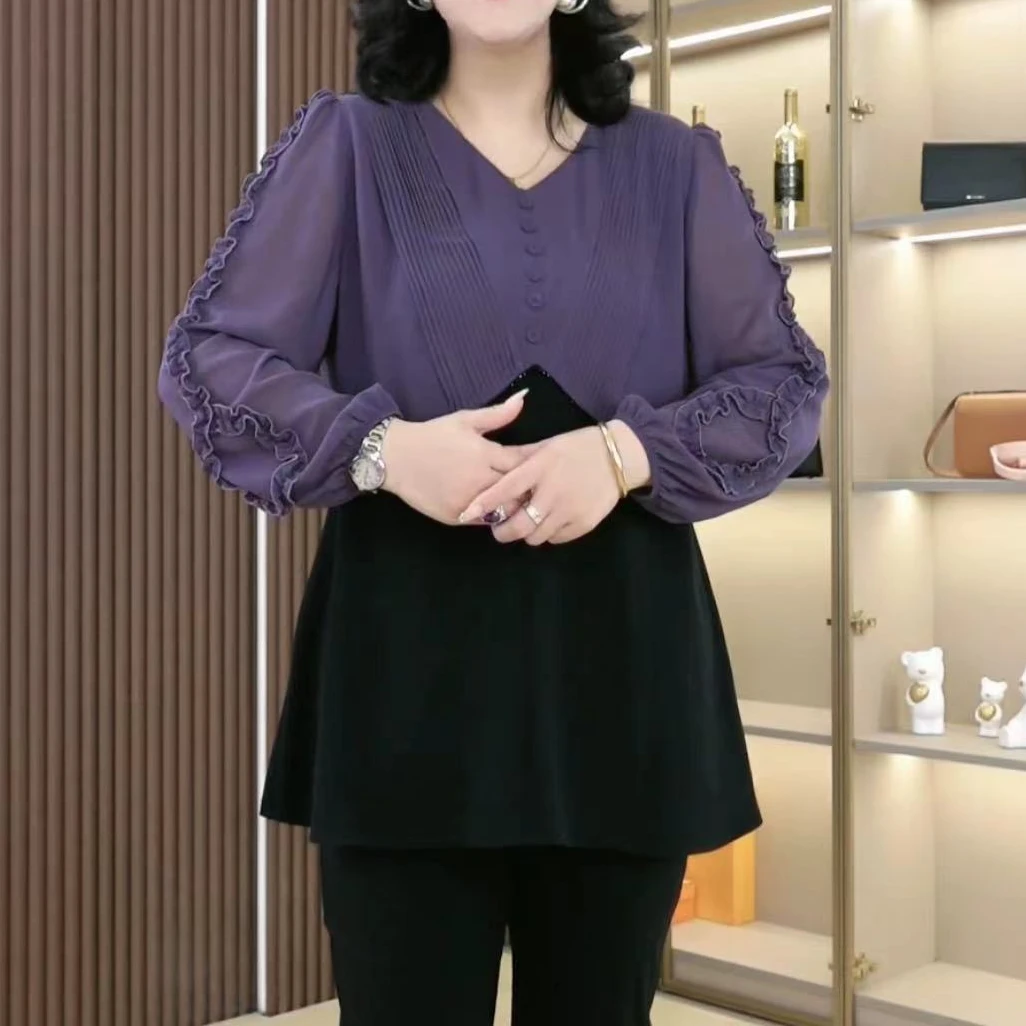 丹思慕秋季新款大码女装拼接气质宽松显瘦遮肉串珠上衣241001长袖