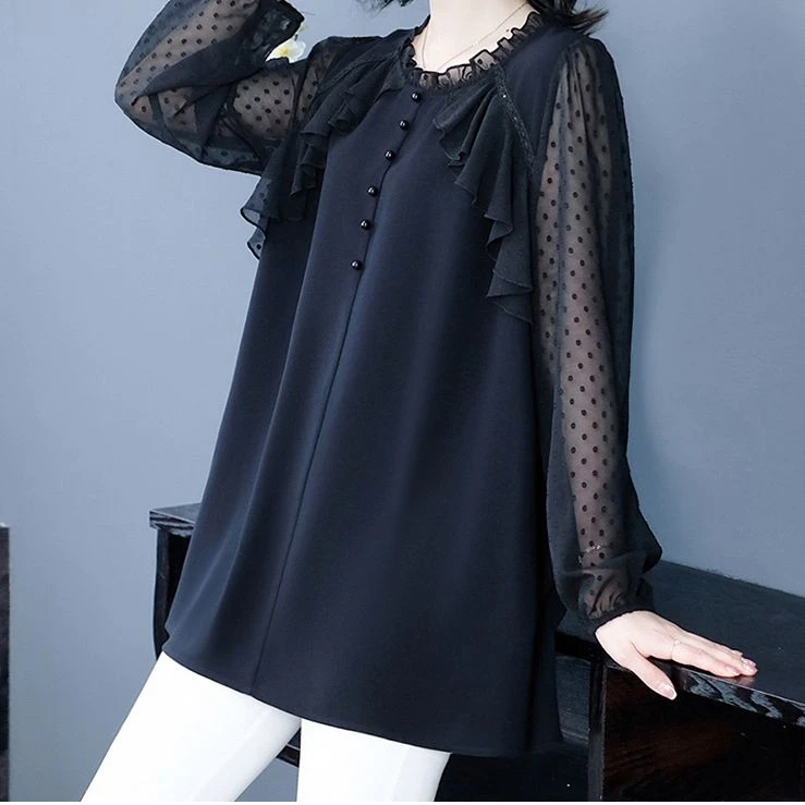 丹思慕大码女装设计感宽松上衣女遮肚显瘦洋气花边打底衫240145