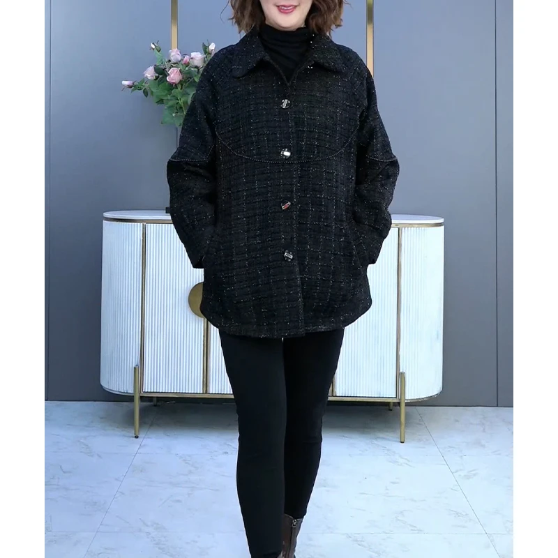丹思慕大码香风格子厚衬衫重工外套女黑色气质大衣ZB5459