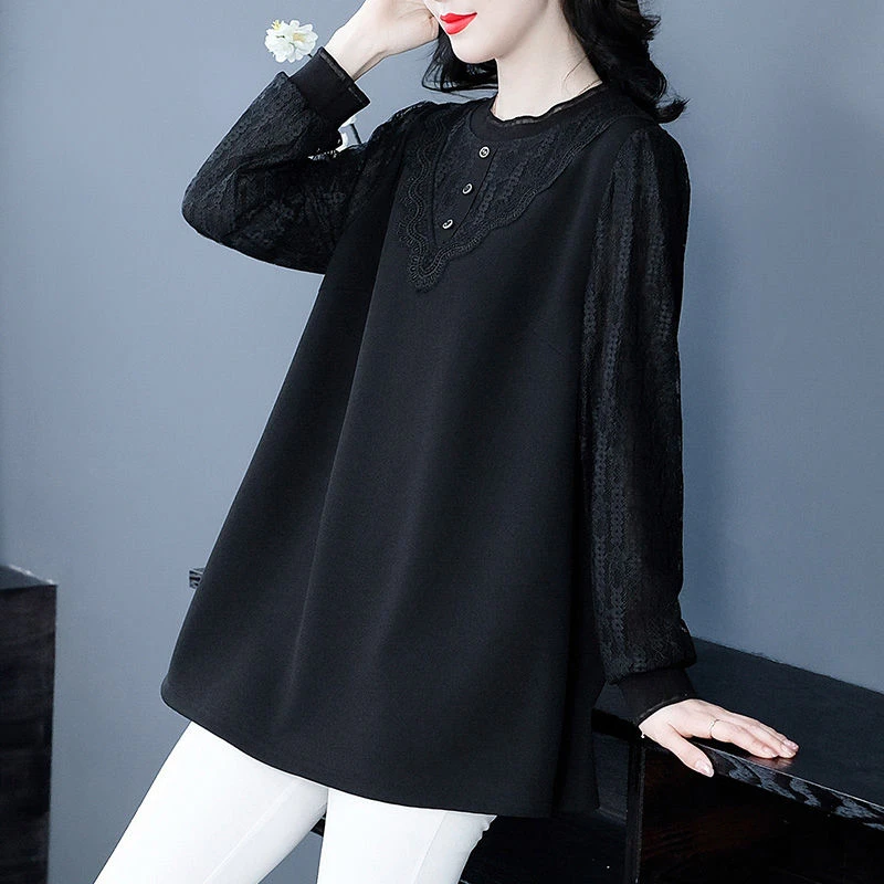 丹思慕大码女装高端衬衣洋气秋季蕾丝宽松拼接休闲气质长袖240105