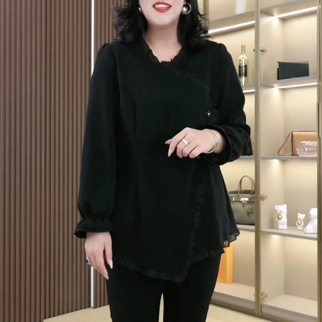 丹思慕2024秋季新款大码女装高端木耳边宽松遮肉不规则上衣ZB5452