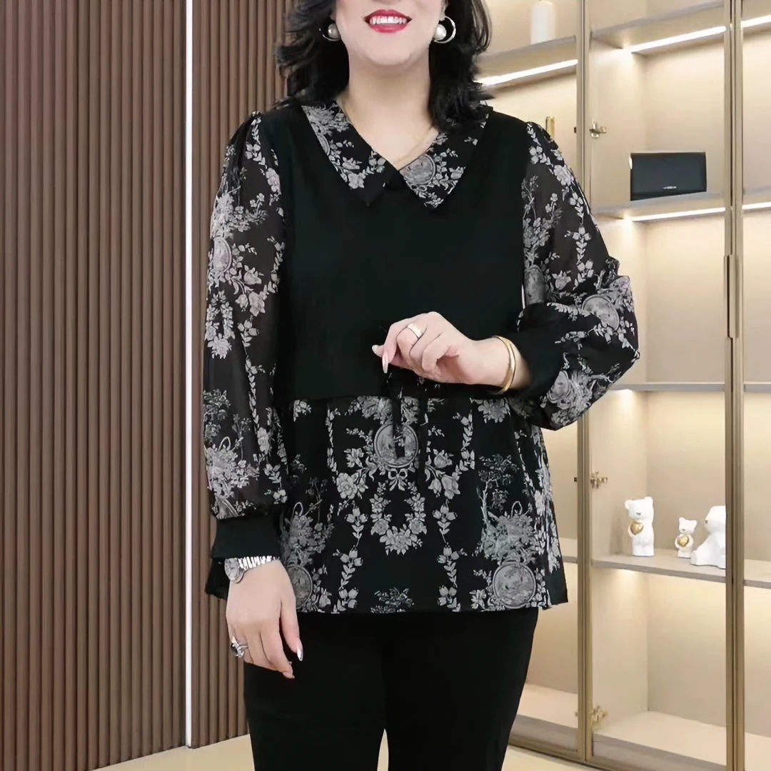 丹思慕2025春季新款大码女装假两件碎花气质拼接显瘦衬衫ZB6086