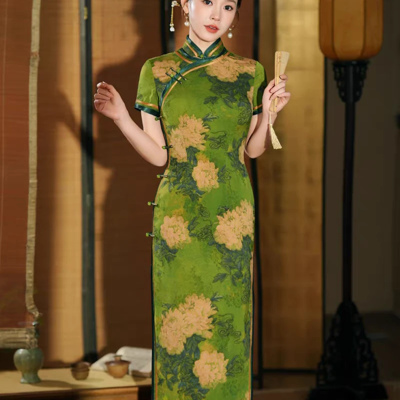 【牡丹秀】上上喜双层复古时尚优雅修身长旗袍