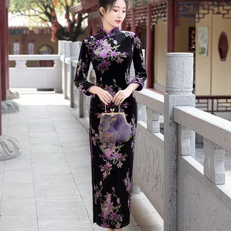 【小紫叶】上上喜单层修身丝绒弹力优雅长旗袍