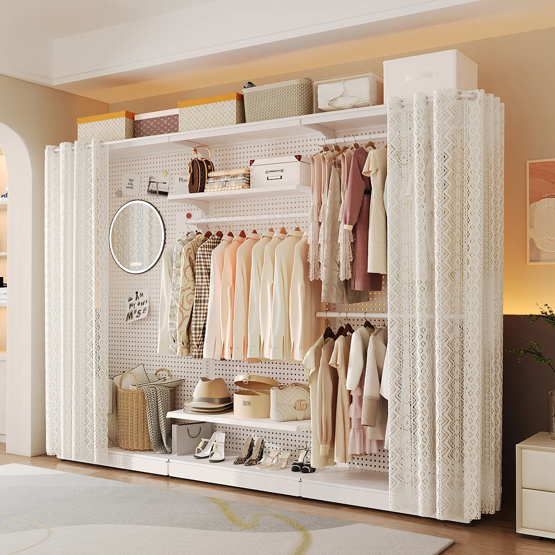 洞洞板衣柜家用卧室落地衣帽架简易防尘开放式组装金属衣帽间架子