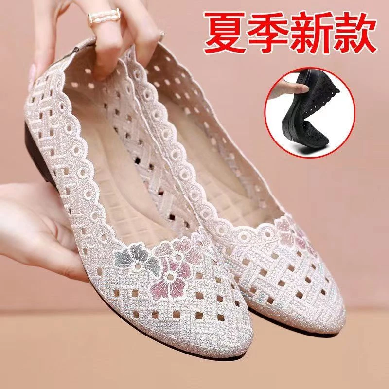 新款老北京布鞋女夏季网鞋凉鞋洞洞中老年妈妈鞋透气软底日常休闲