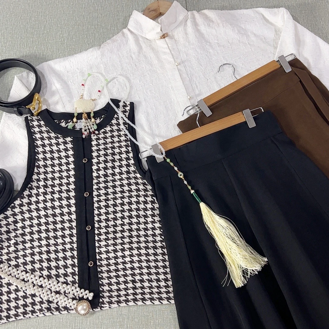汉黛记黑色日常通勤黑色千鸟格 汉服破裙国风新中式套装