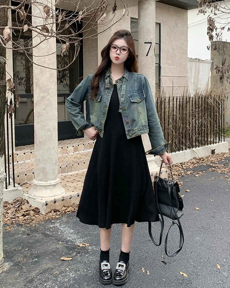 【泡芙专属】大码胖mm秋季复古牛仔外套针织吊带裙套装65500+16503