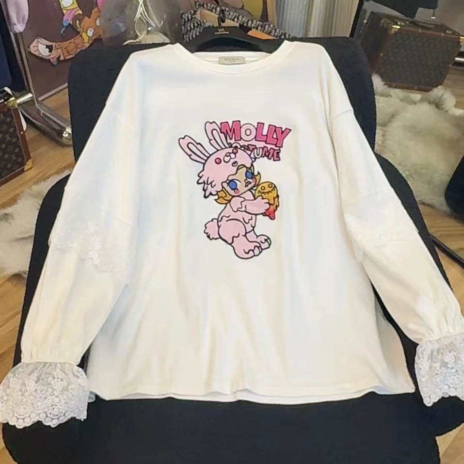 【兜兜】猫咪女孩 冬季新款卡通刺绣拼接蕾丝长袖T恤 井1124B