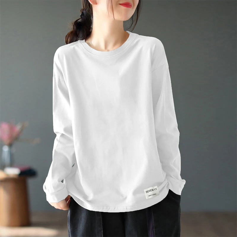 纯棉圆领打底衫女士春秋季新款纯色宽松百搭长袖t恤内搭外穿上衣