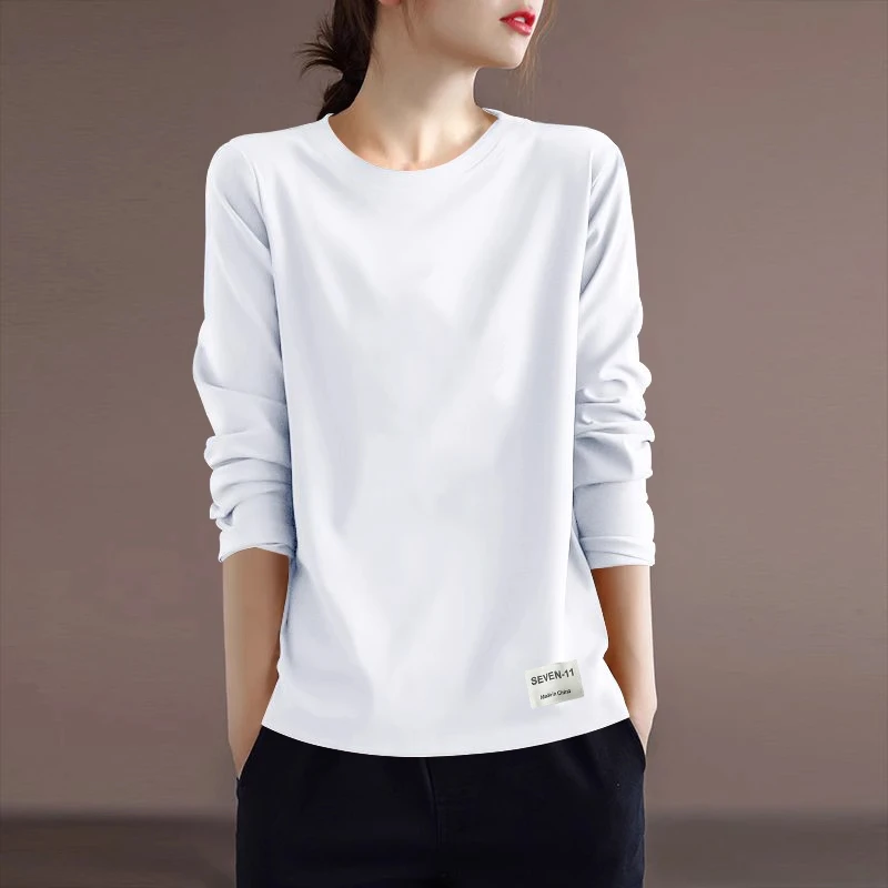正肩纯棉打底衫女秋季新款时尚休闲百搭长袖t恤韩版圆领宽松上衣