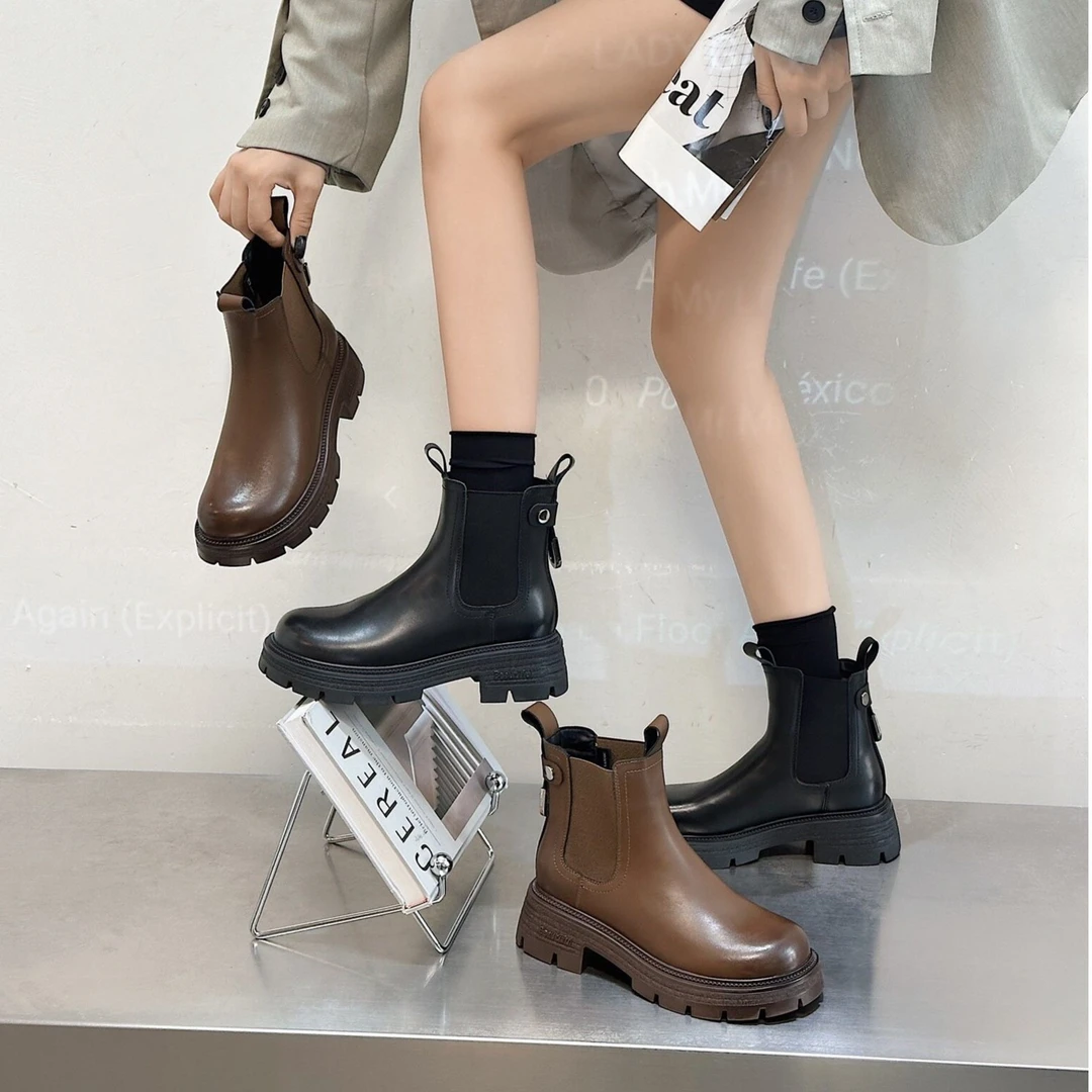 马丁靴女秋冬季2023新款圆头厚底短靴百搭ins潮后拉链短筒骑士靴