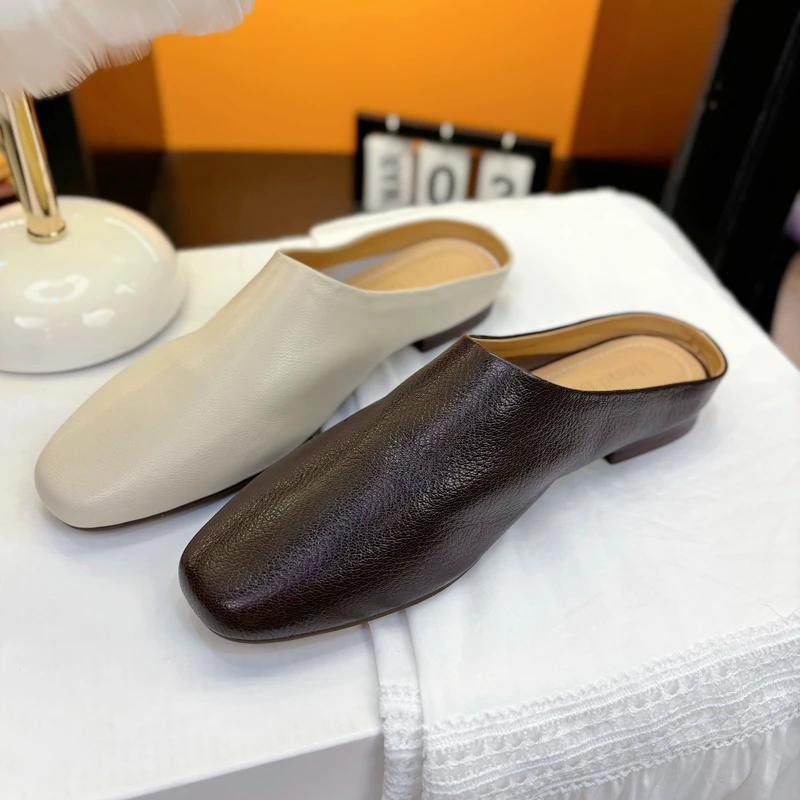 巨软老钱风~羊皮包头半拖鞋女夏外穿2024新款圆头软皮方头凉拖鞋