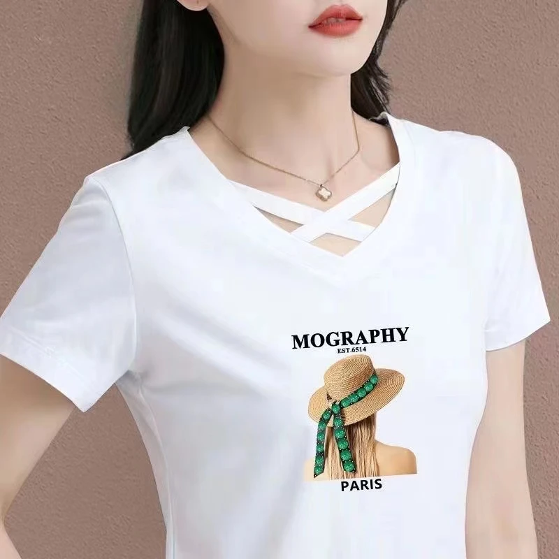 2025夏季新款V领交叉中年人宽松遮肚子运动上衣鸡心领女士t恤短袖