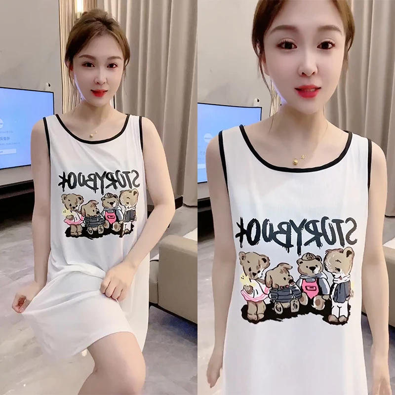 夏季凉快小熊卡通睡裙背心无袖甜美睡衣女薄款ins简约韩版家居服